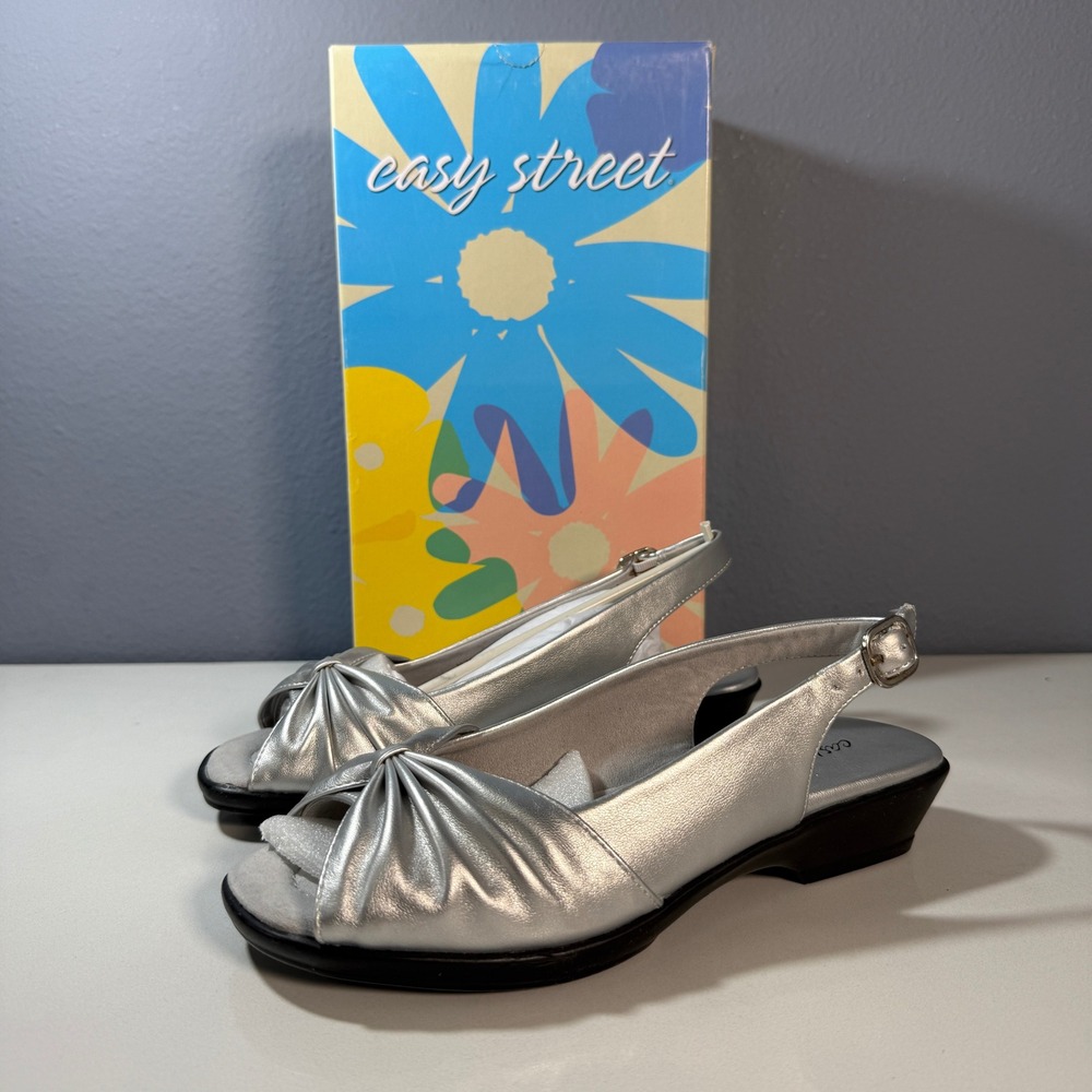 Easy Street Fantasia Silver Slingback‎ Wedge Sandals Size 6.5 N